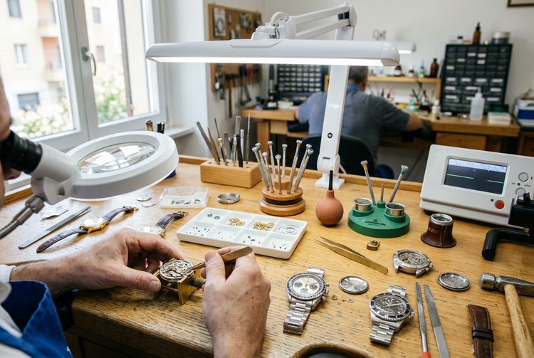 Orologiaio al banco durante la revisione di un movimento meccanico